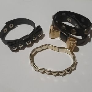 3 Black and Gold Spike / Studded Bracelets